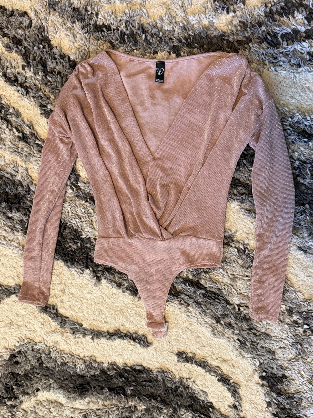 Windsor Shimmer Wrap-Front Long Sleeve Bodysuit - Rose Gold